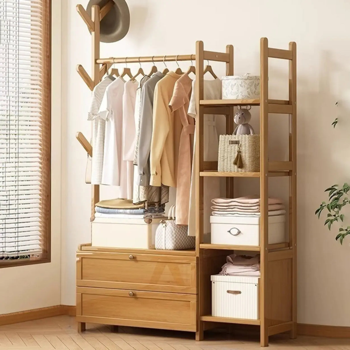 Rustic Wooden Natural Hooks Hall Tree with Storage Bench Image - 13