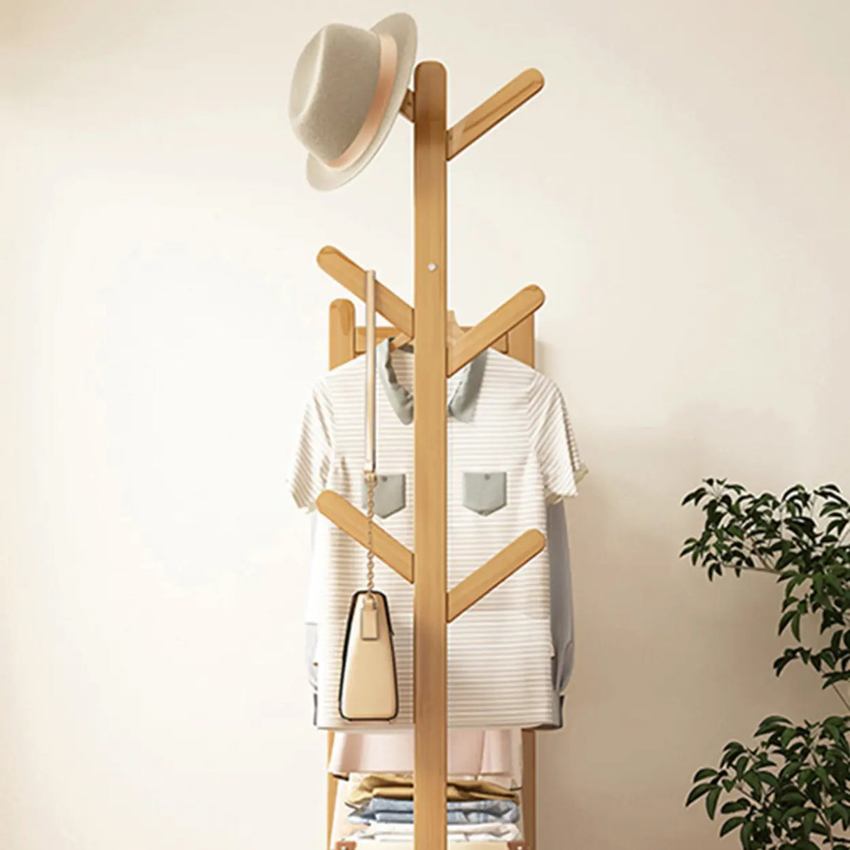 Rustic Wooden Natural Hooks Hall Tree with Storage Bench Image - 22