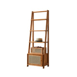 Rustic Woven Walnut Finish Ladder Wooden Bookshelf Image - 3