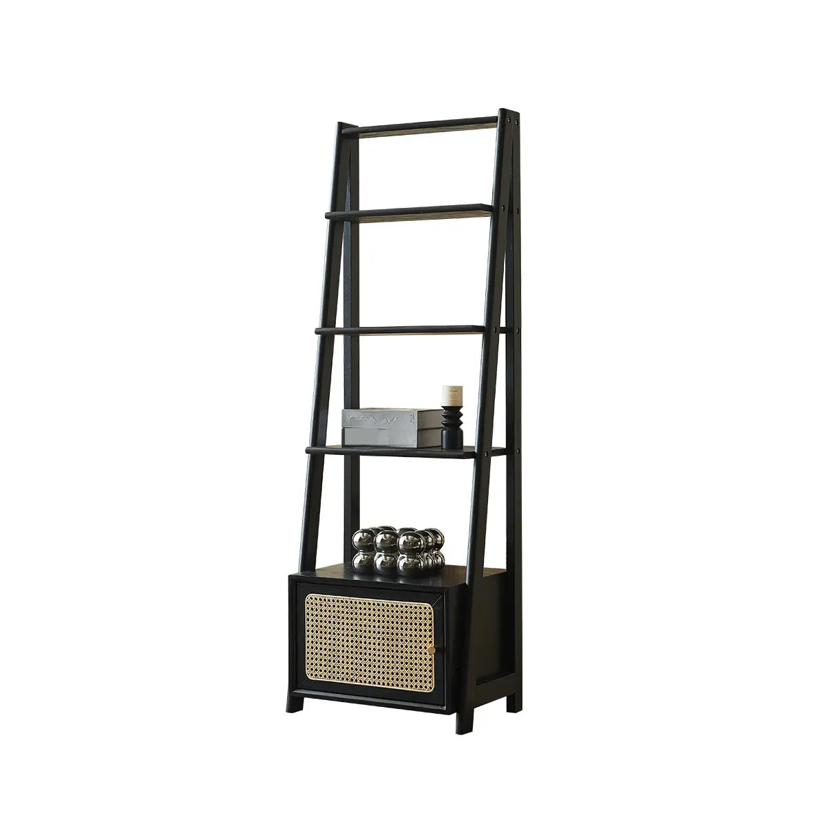 Rustic Woven Walnut Finish Ladder Wooden Bookshelf Image - 5