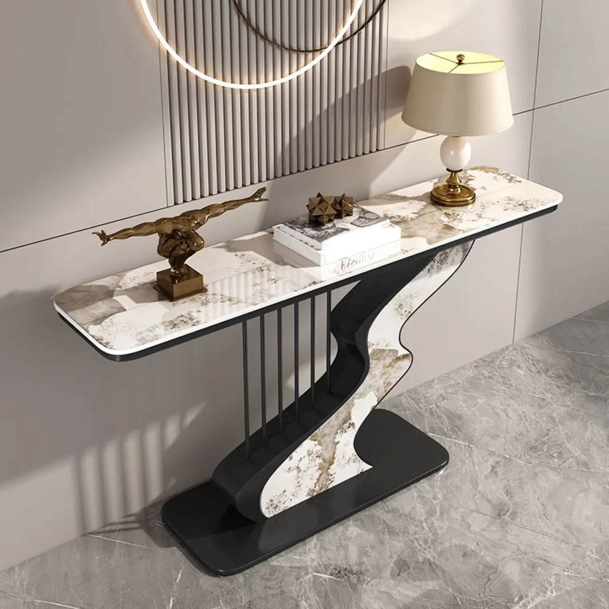 S-Curve Base Marble White and Gold Hallway Console Table Image - 3
