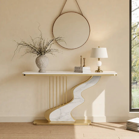S-Curve Base Stone White and Gold Hallway Console Table Image - 1