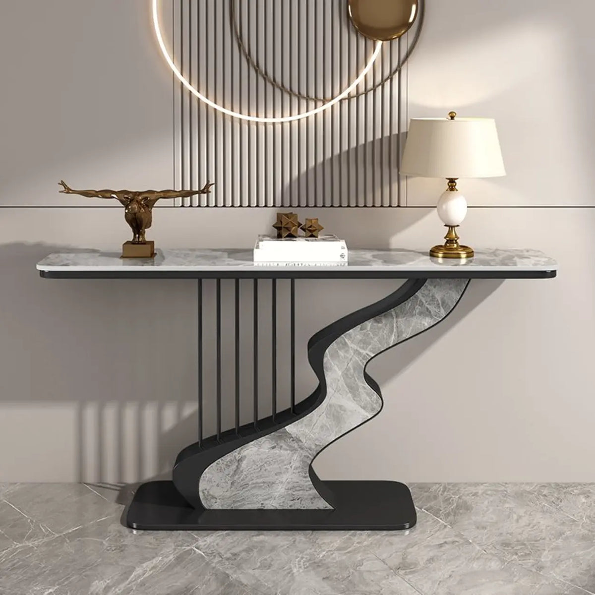 S-Curve Base Stone White and Gold Hallway Console Table Image - 15