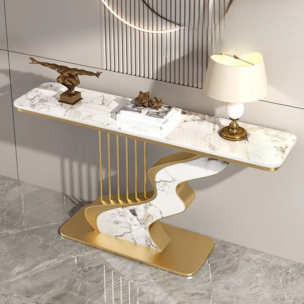 S-Curve Base Stone White and Gold Hallway Console Table Image - 18