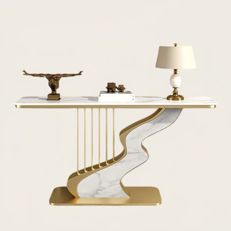 S-Curve Base Stone White and Gold Hallway Console Table Image - 2