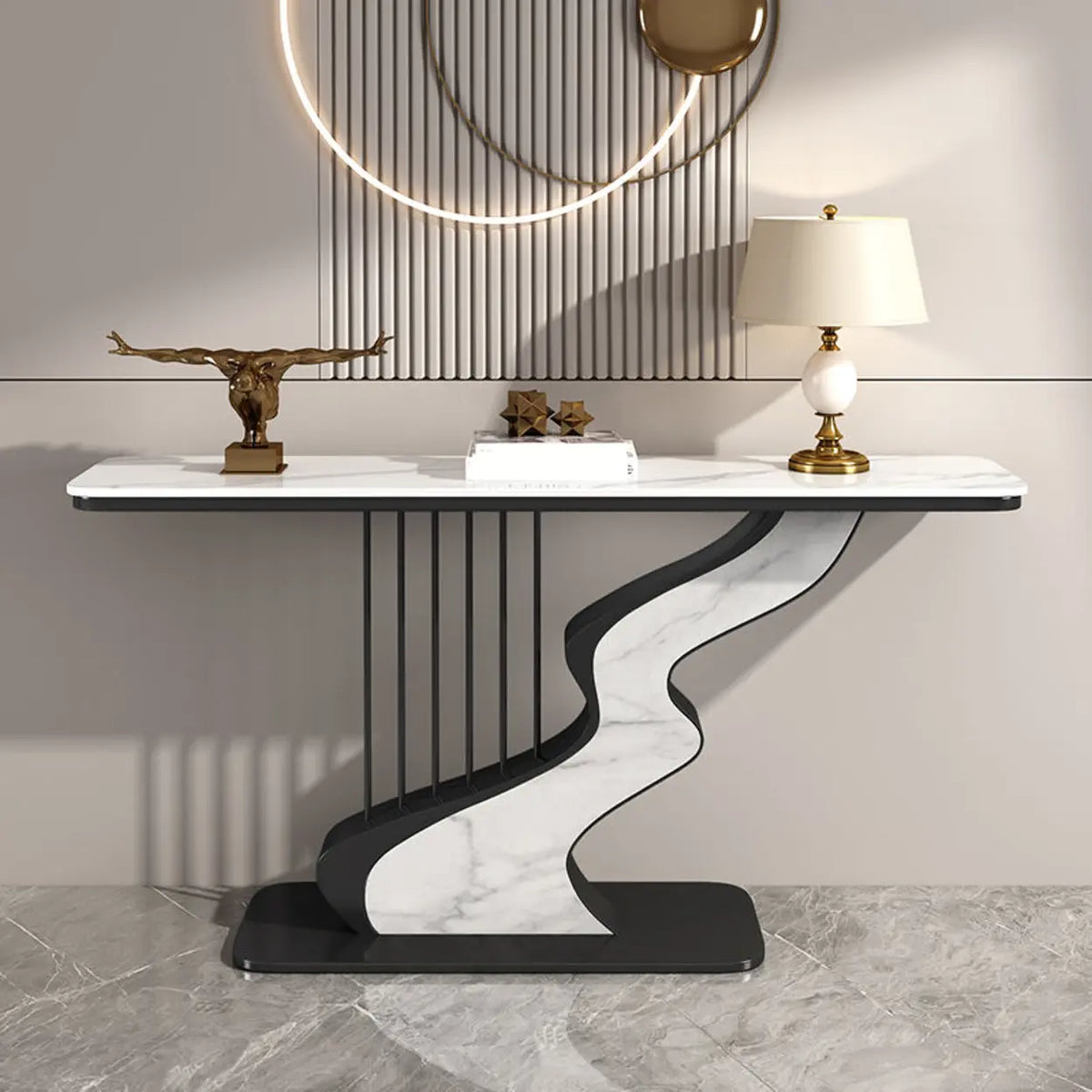 31"L x 12"W x 31"H Black White S-Curve Base Stone White and Gold Hallway Console Table Image - 3