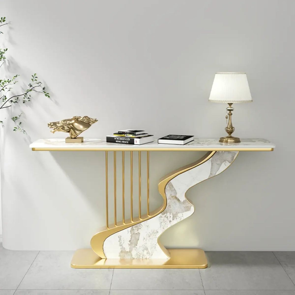 S-Curve Base Stone White and Gold Hallway Console Table Image - 4