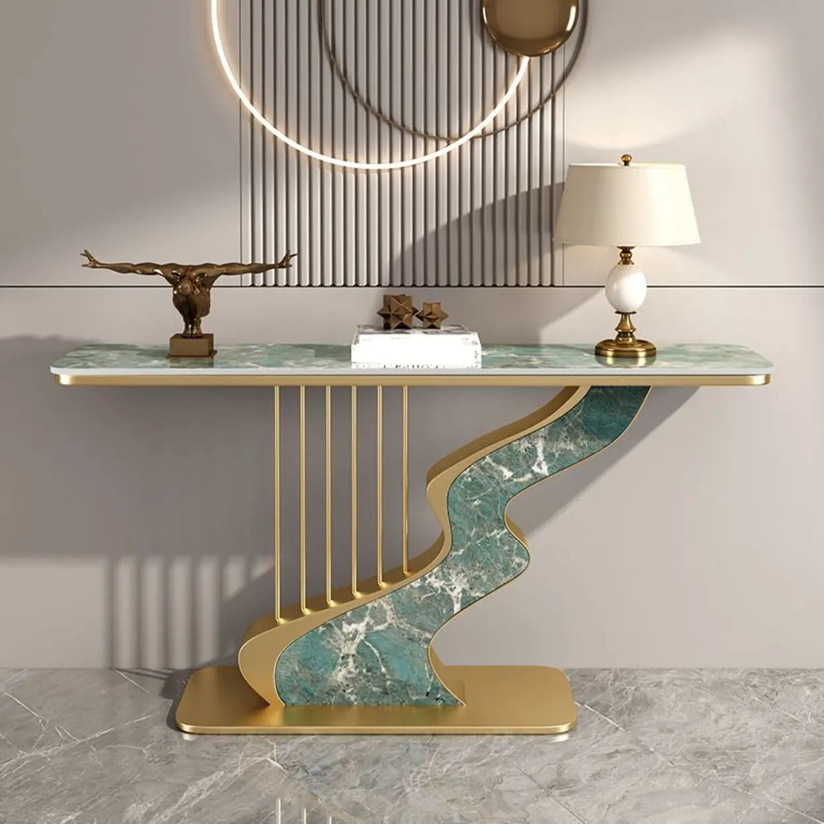 31"L x 12"W x 31"H Gold Green S-Curve Base Stone White and Gold Hallway Console Table Image - 5