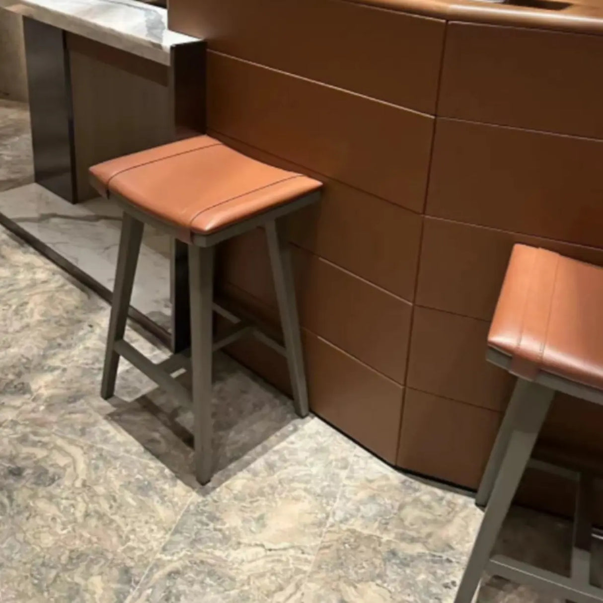 Saddle Wood Backless Short Bar Stool with Footrest Image - 9