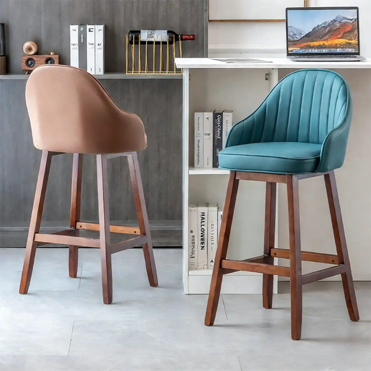 Scandi-Modern Ergonomic Upholstered Tufted Bucket Bar Stool Image - 2