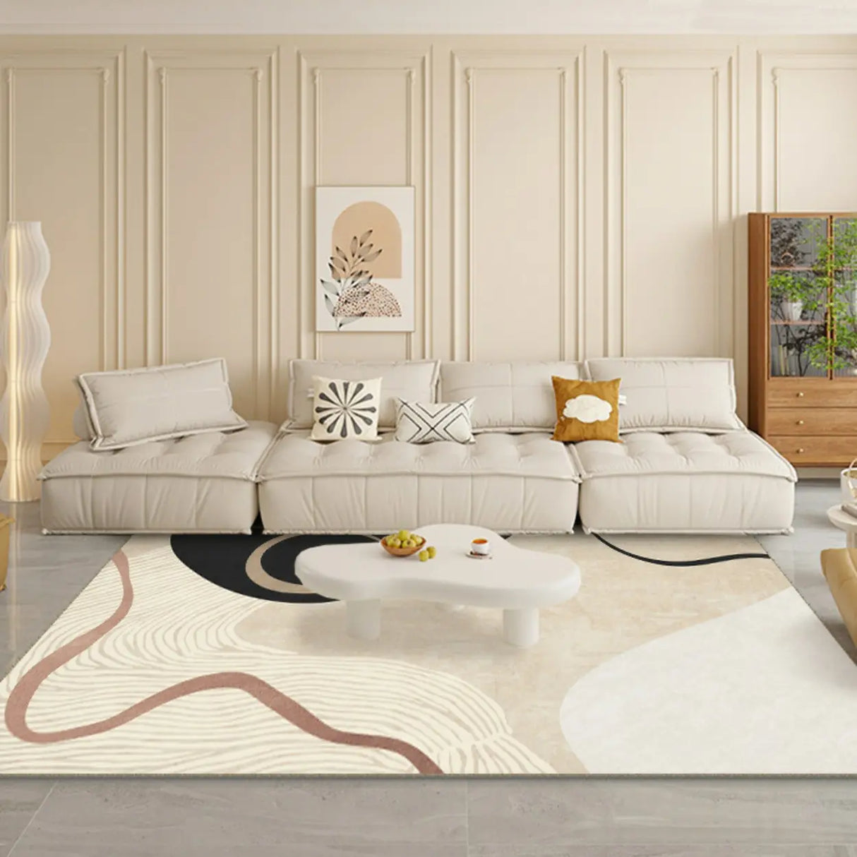 Scandinavian Abstract Non-Slip Beige Vinyl Area Rug Image - 1
