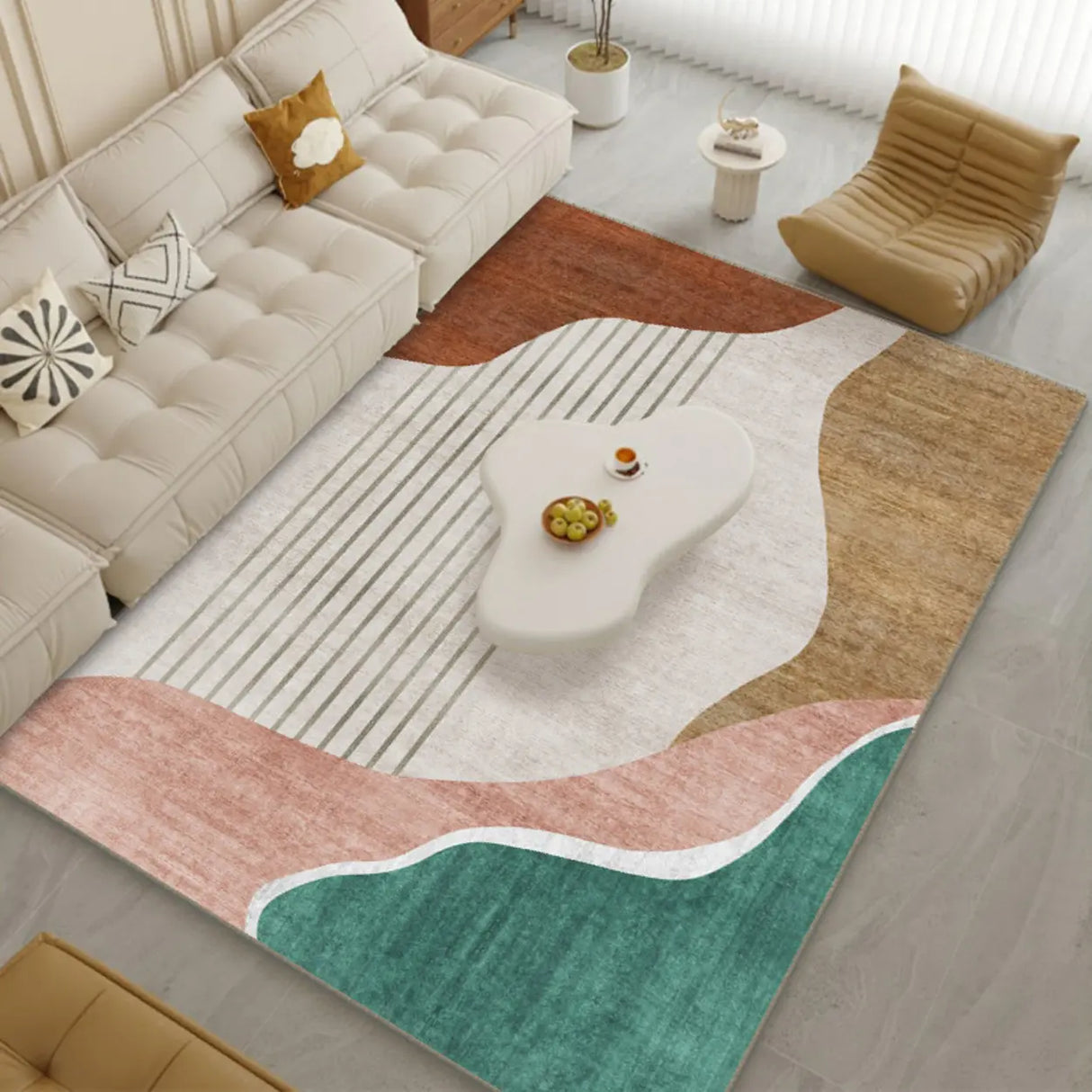 Scandinavian Abstract Non-Slip Beige Vinyl Area Rug Image - 4