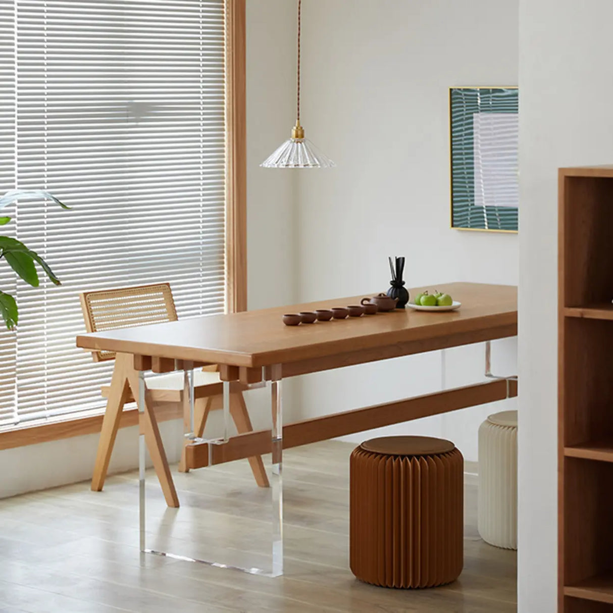 Scandinavian Acrylic Trestle Rectangular Wood Dining Table Image - 3