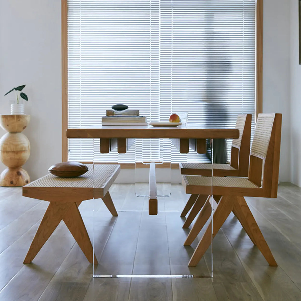 Scandinavian Acrylic Trestle Rectangular Wood Dining Table Image - 5