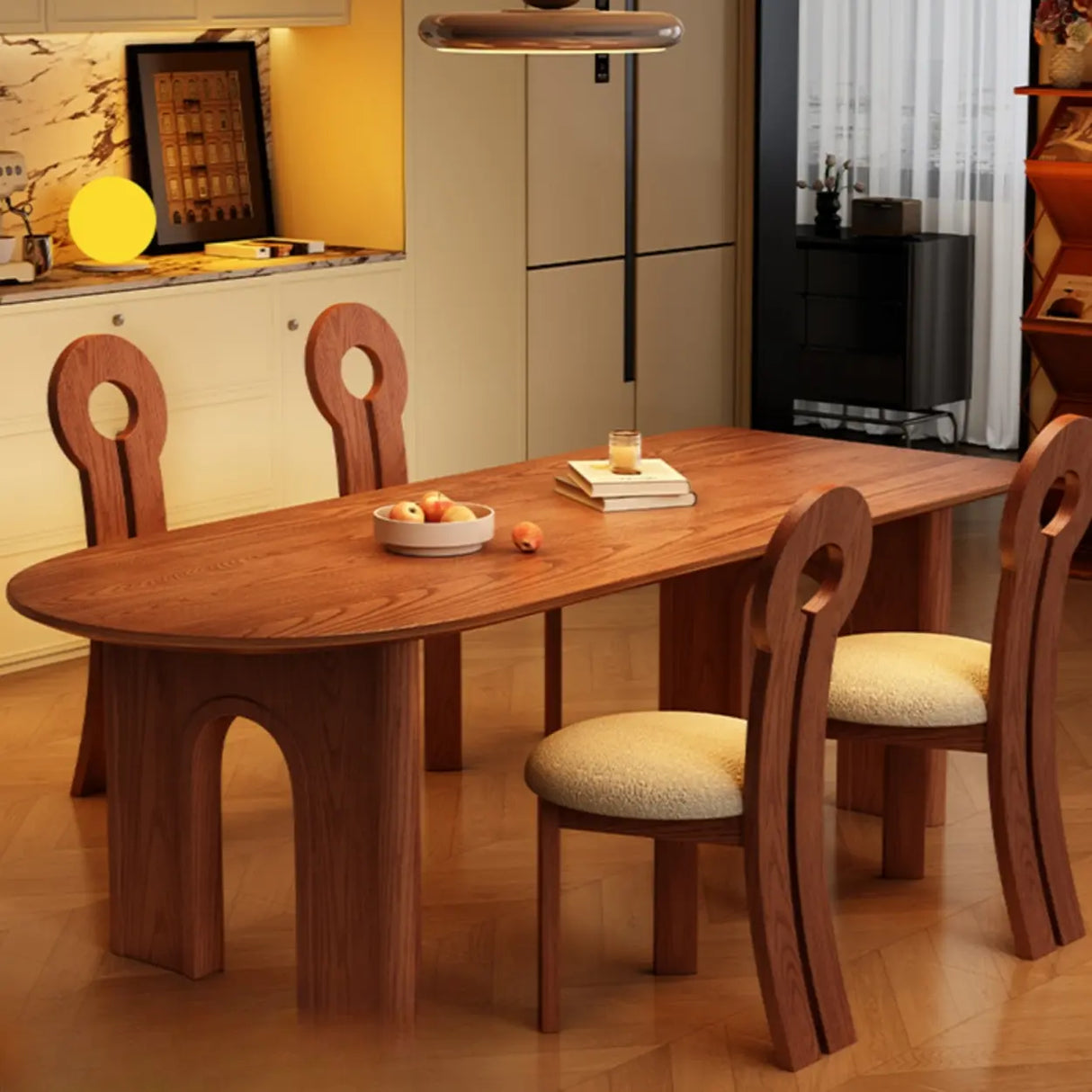 Scandinavian Arch Leg Brown Wood Oval Peninsula Dining Table Image - 1