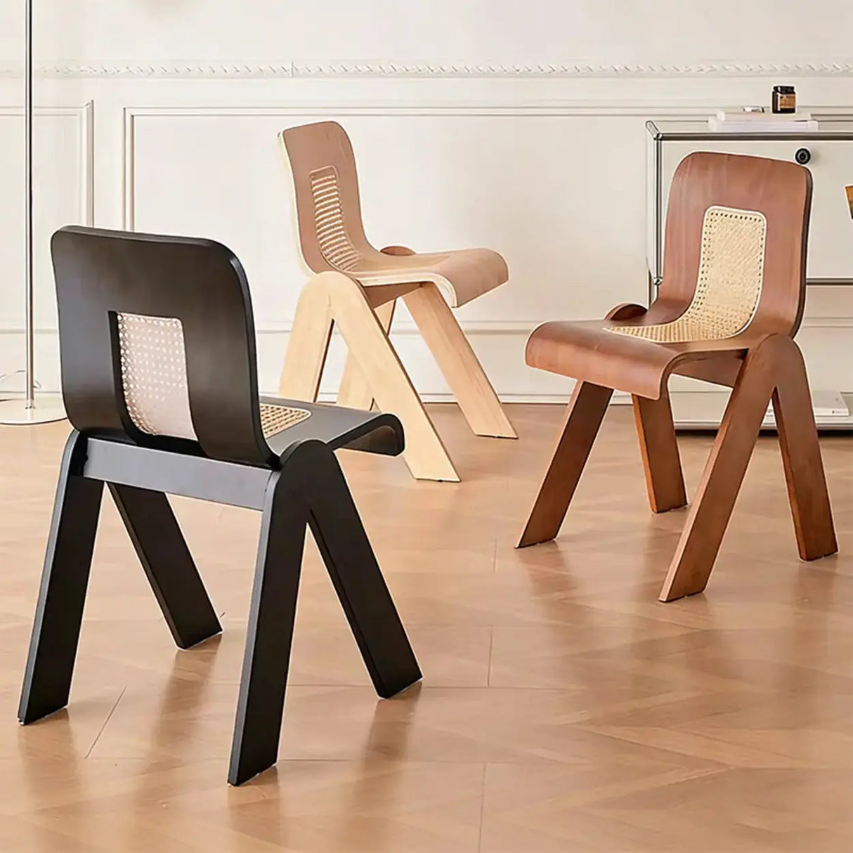 Scandinavian Armless Wood Rattan Slat Back Dining Chair Image - 2