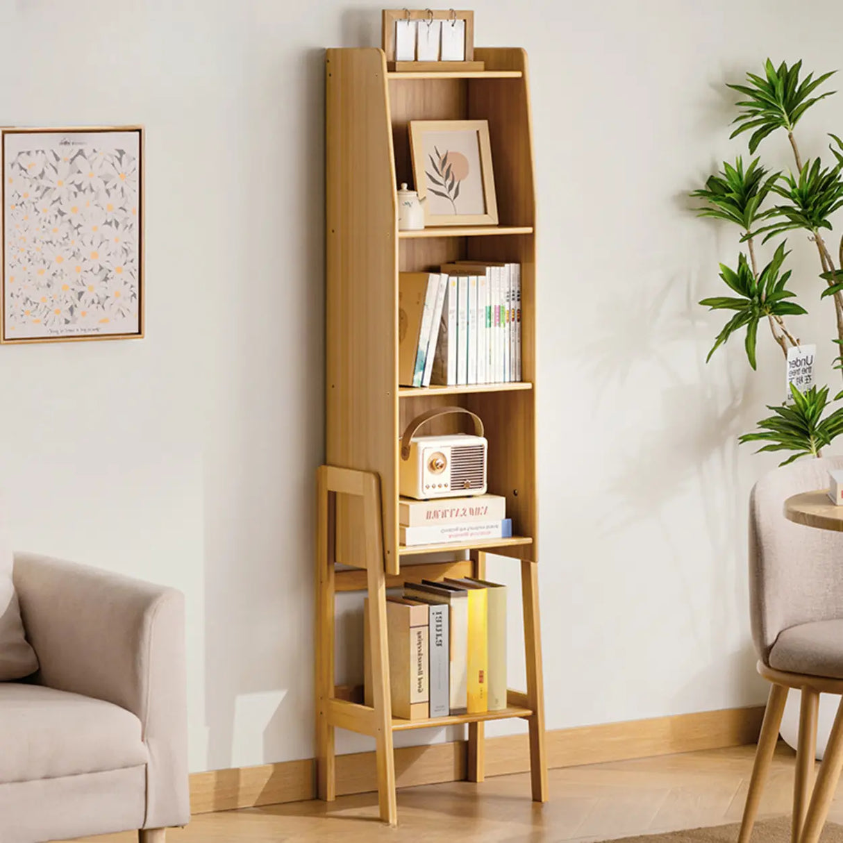 Scandinavian Bamboo Vertical Bookshelf with High Legs Image - 13