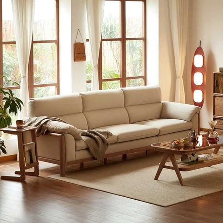 Scandinavian Beige Faux Cotton Linen Extra Long Sofa Image - 1