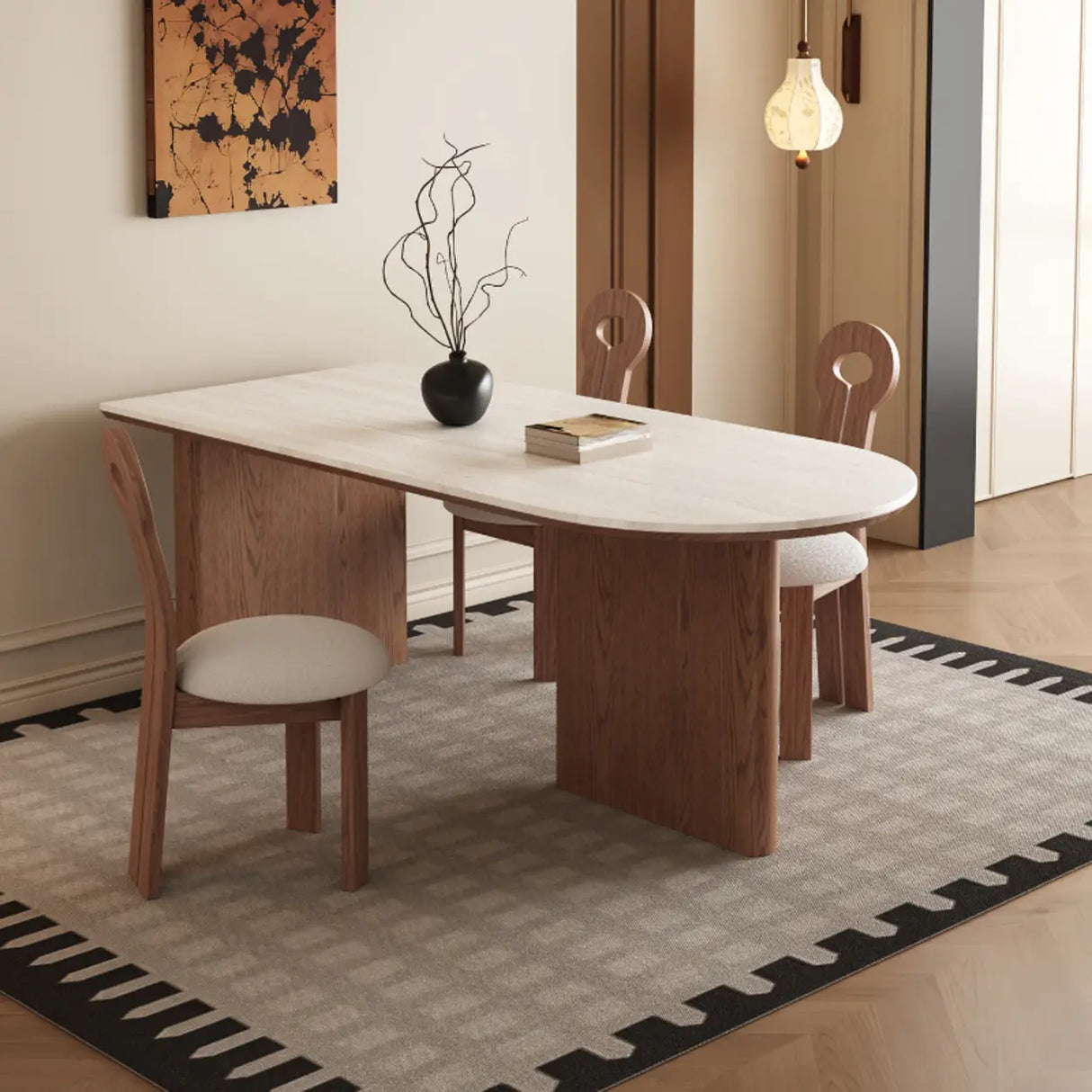 Scandinavian Beige Oval Stone Top Wood Pedestal Dining Table Image - 1