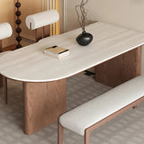 Scandinavian Beige Oval Stone Top Wood Pedestal Dining Table Image - 5