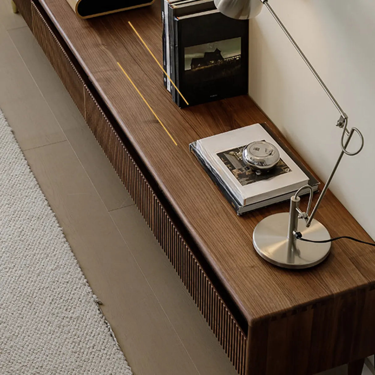 Scandinavian Brown Walnut Long TV Stand with Drawers Image - 4