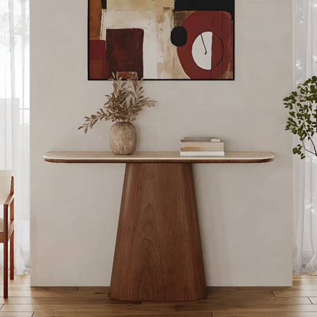 Scandinavian Brown Wood Pedestal Rectangular Beige Console Table Image - 1