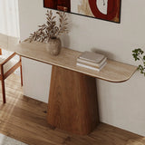 Scandinavian Brown Wood Pedestal Rectangular Beige Console Table Image - 2