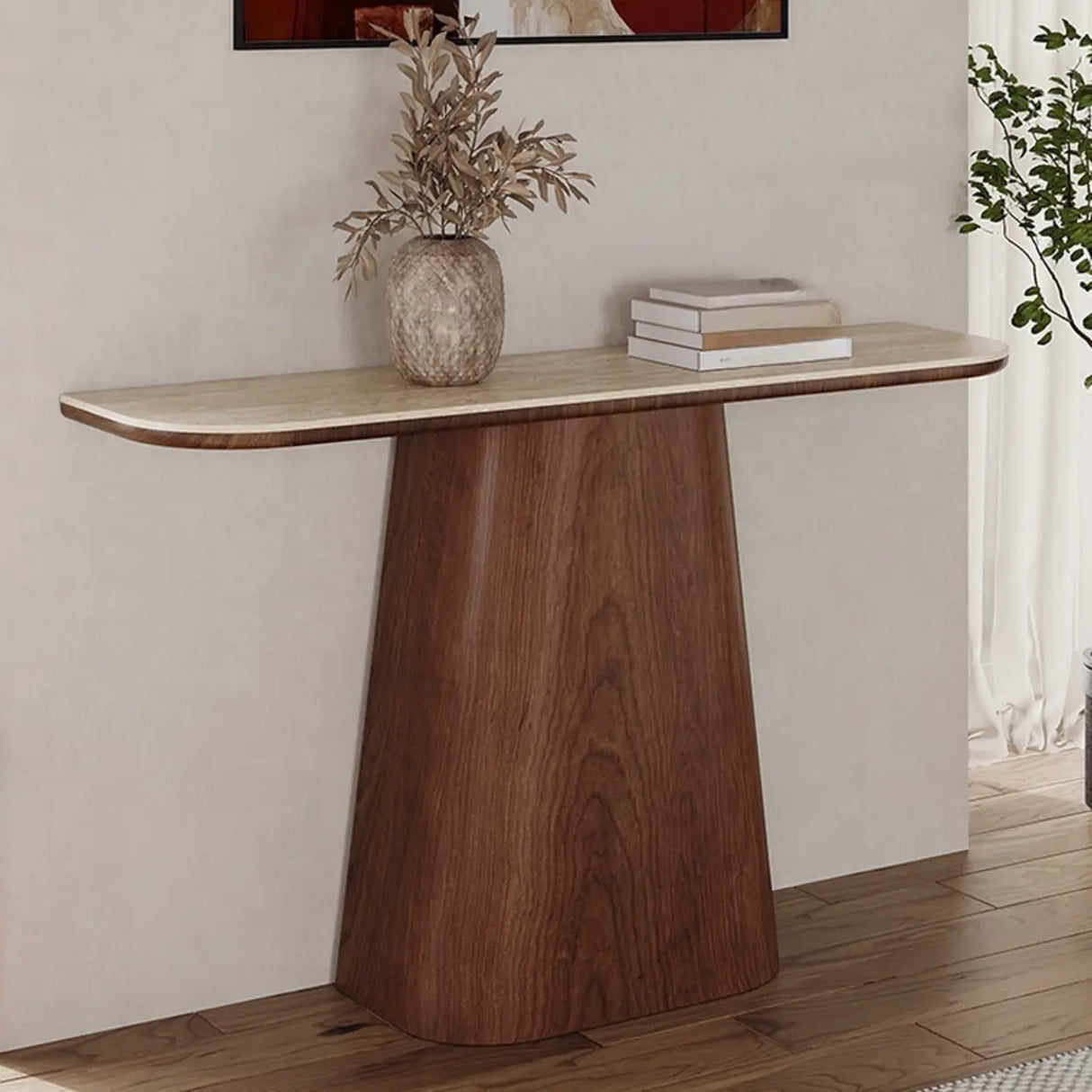 Scandinavian Brown Wood Pedestal Rectangular Beige Console Table Image - 3