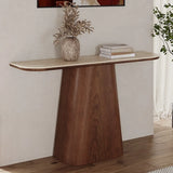 Scandinavian Brown Wood Pedestal Rectangular Beige Console Table Image - 3