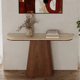 Scandinavian Brown Wood Pedestal Rectangular Beige Console Table Image - 4