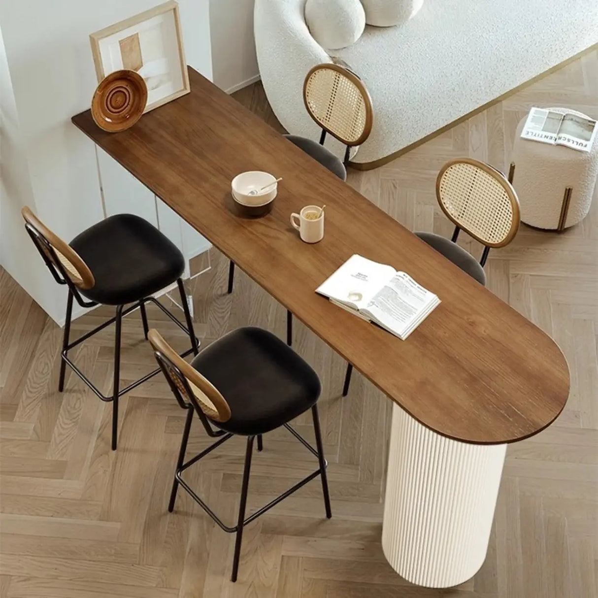 Scandinavian Clear Acrylic Pedestal Brown Wood Oval Bar Table Image - 2