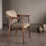 Scandinavian Curved Back Rope Cushion Wood Arm Dining Chair Image - 1