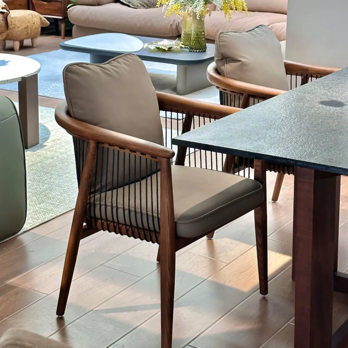Scandinavian Curved Back Rope Cushion Wood Arm Dining Chair Image - 4