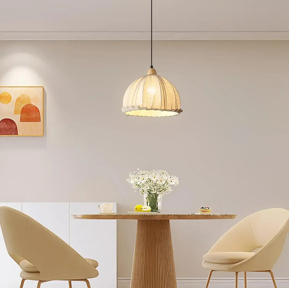 Scandinavian Dining Room Fabric White Dome Pendant Light Image - 5