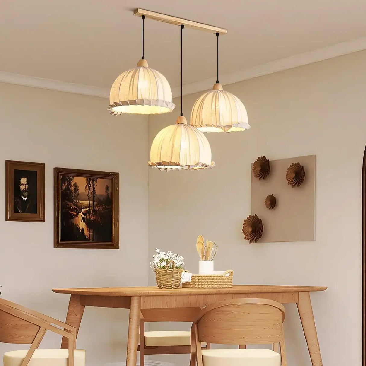 Scandinavian Dining Room Fabric White Dome Pendant Light Image - 6