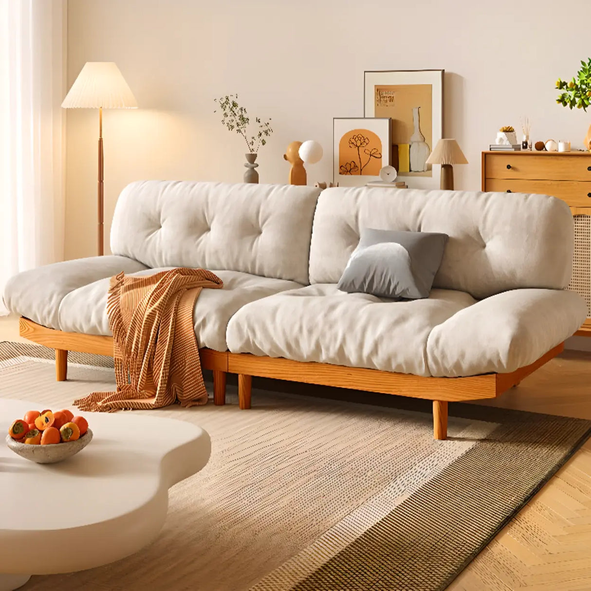Scandinavian Flannel Light Wood Frame Tufted Back Sofa Image - 1