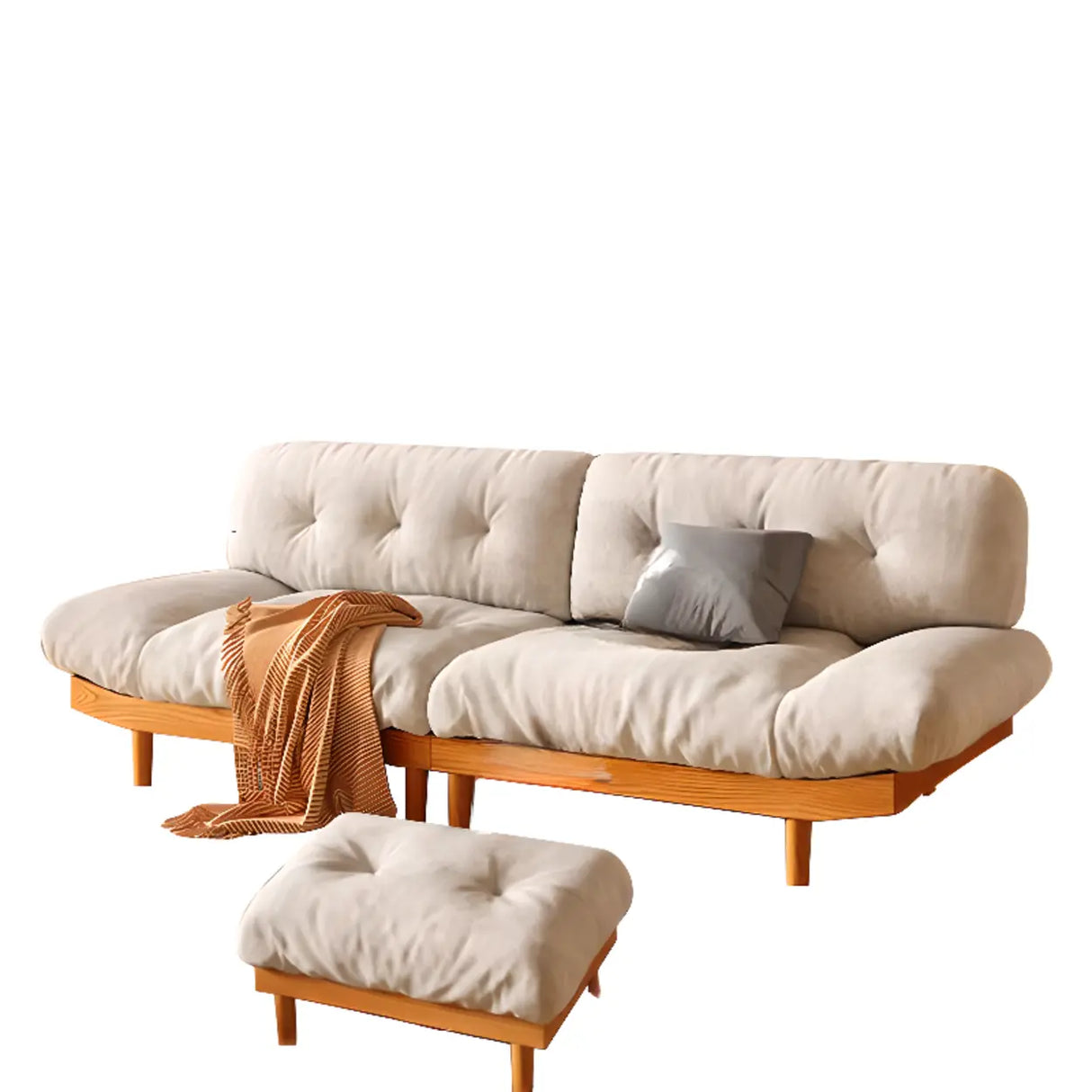 Scandinavian Flannel Light Wood Frame Tufted Back Sofa Image - 11