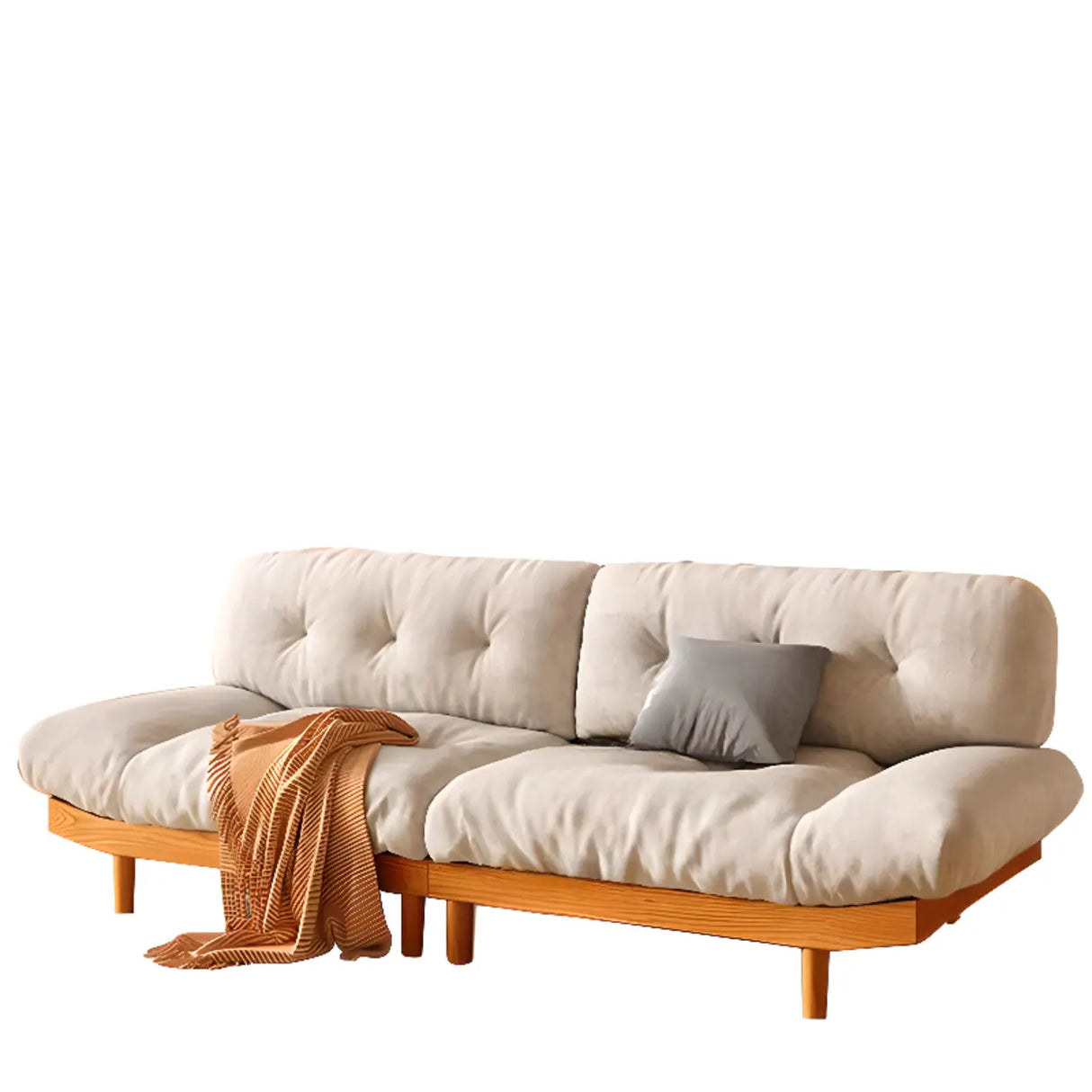 Scandinavian Flannel Light Wood Frame Tufted Back Sofa Image - 12