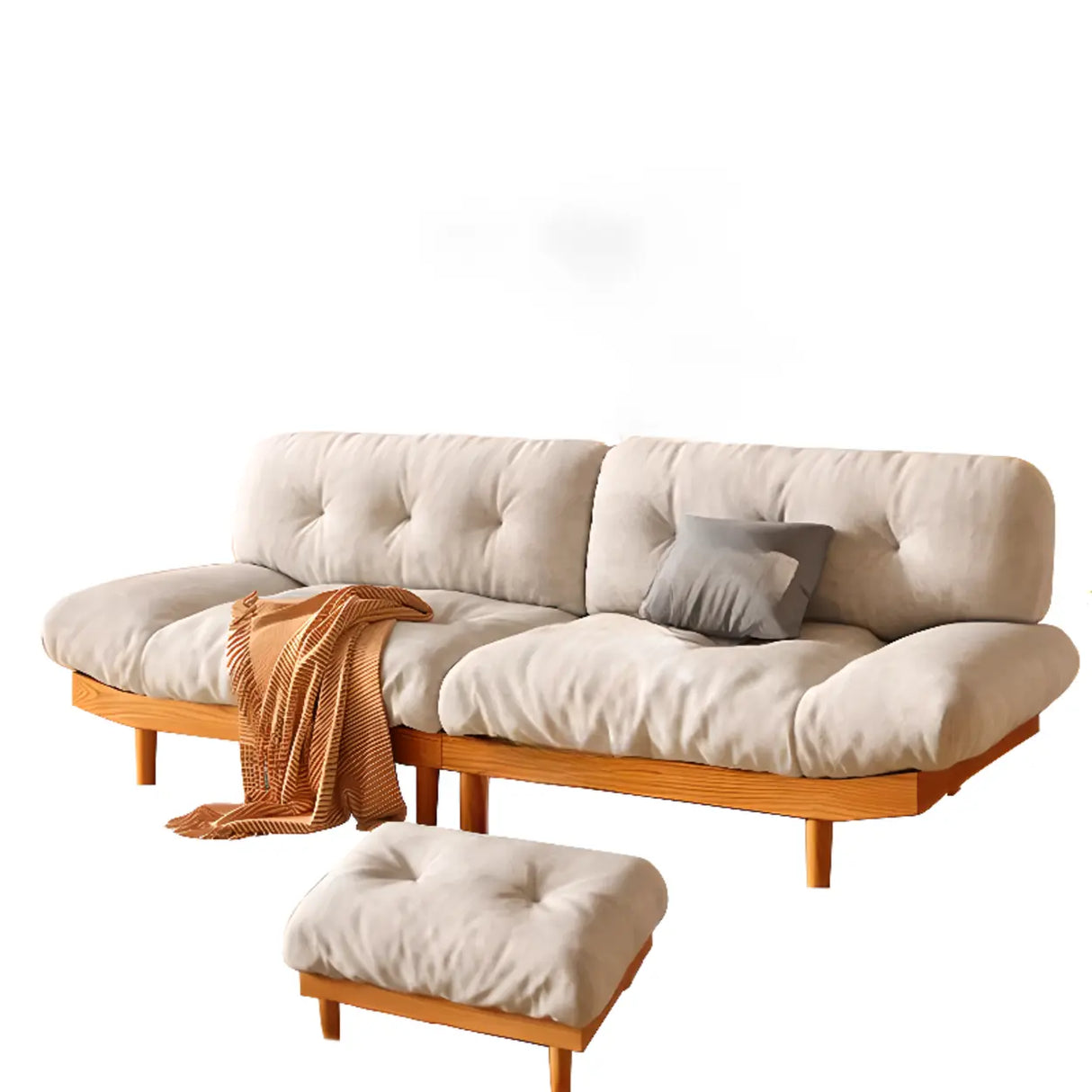 Scandinavian Flannel Light Wood Frame Tufted Back Sofa Image - 13