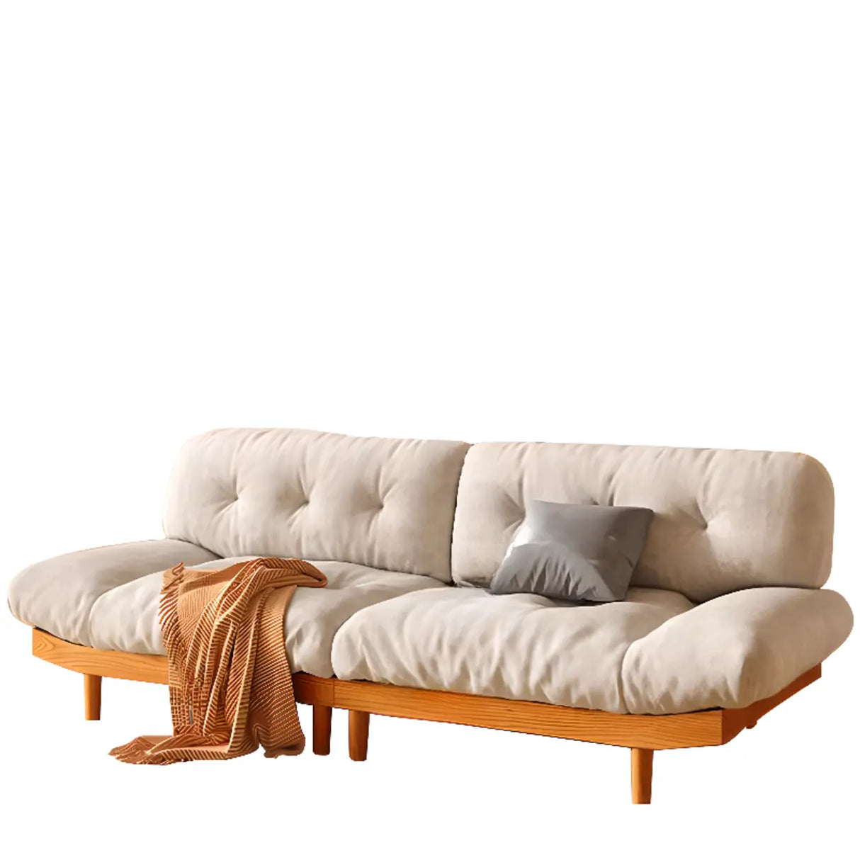 Scandinavian Flannel Light Wood Frame Tufted Back Sofa Image - 14