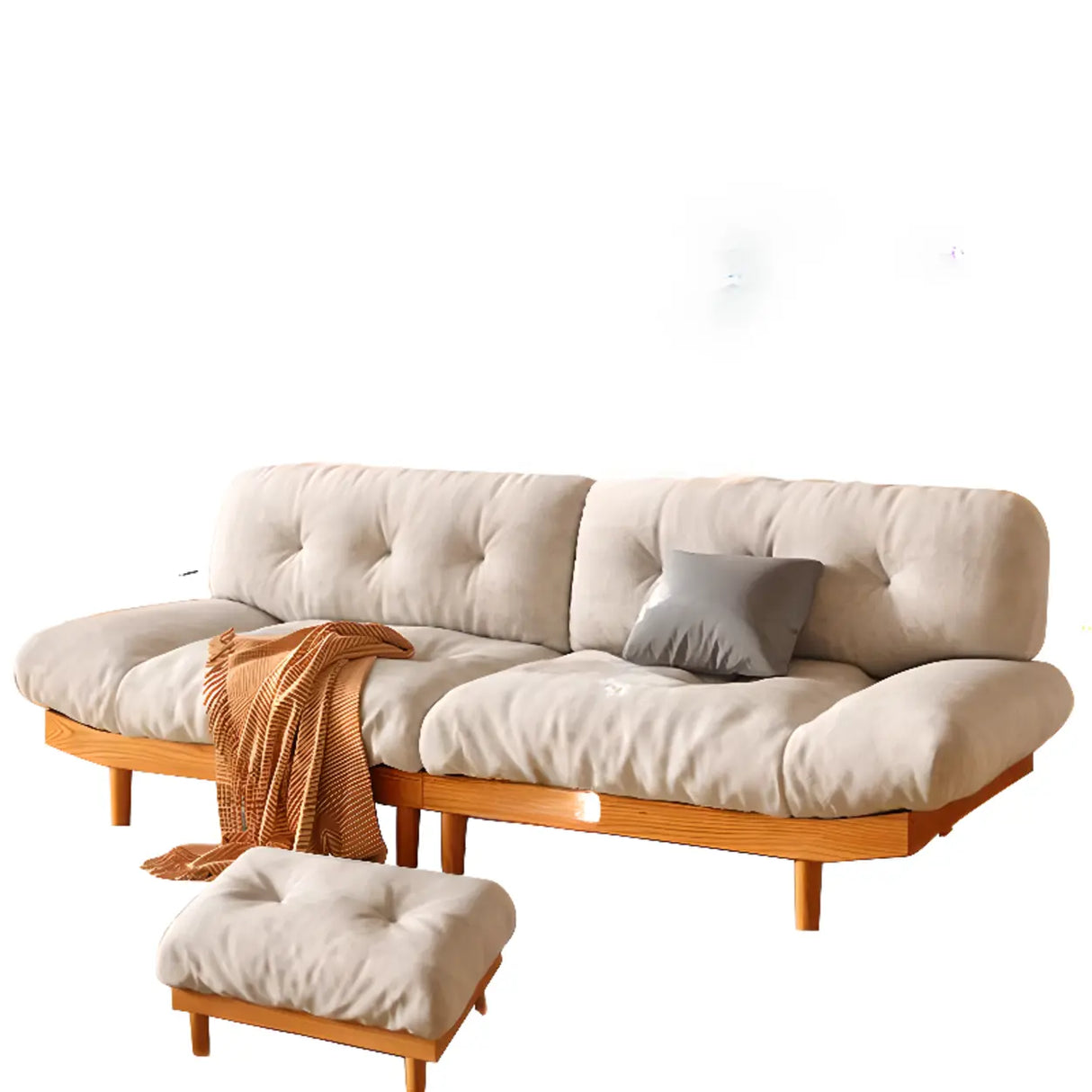 Scandinavian Flannel Light Wood Frame Tufted Back Sofa Image - 15