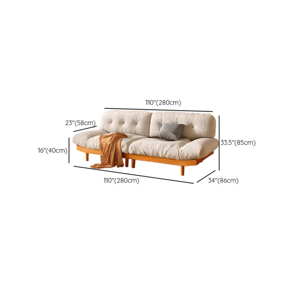 Scandinavian Flannel Light Wood Frame Tufted Back Sofa Image - 22