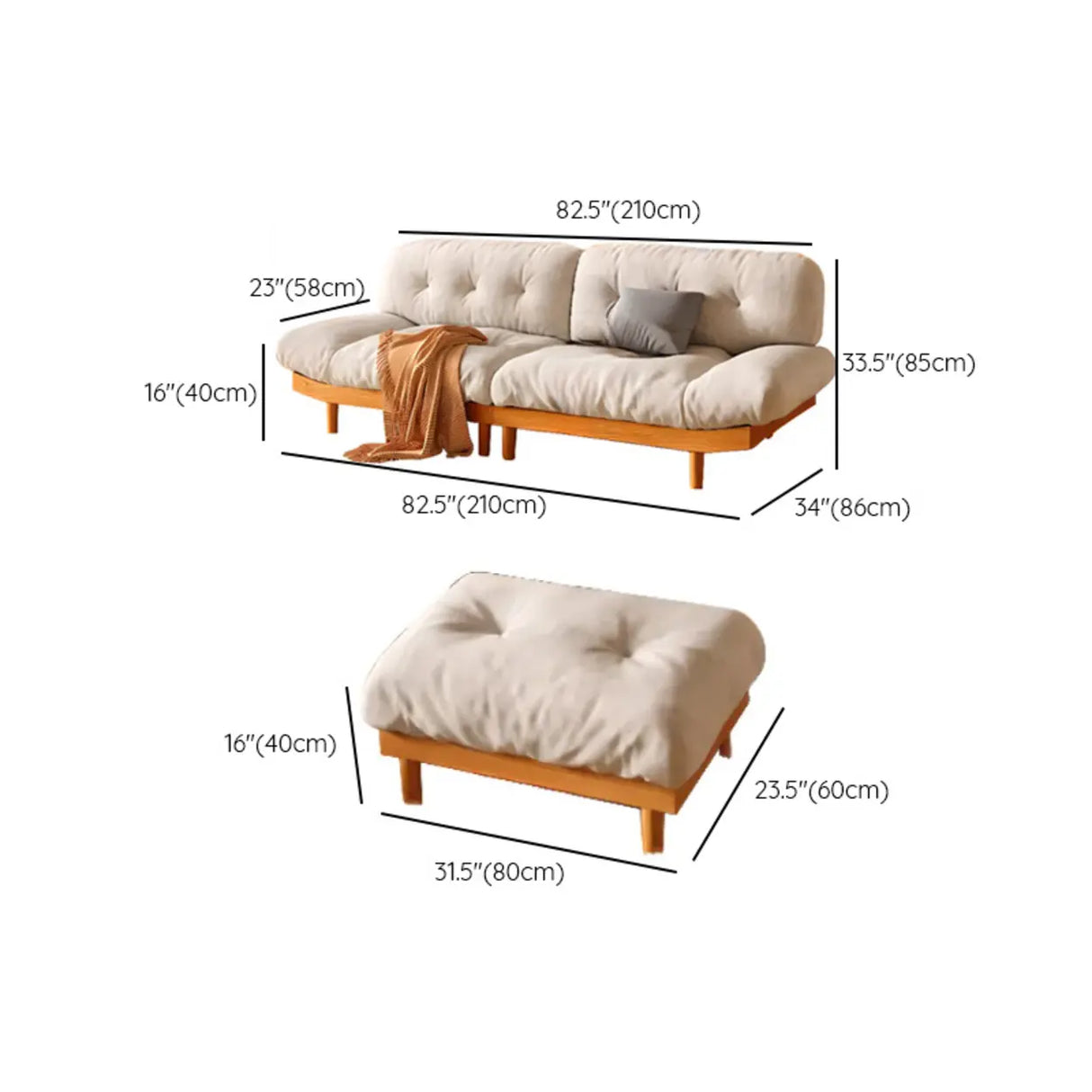 Scandinavian Flannel Light Wood Frame Tufted Back Sofa Image - 24