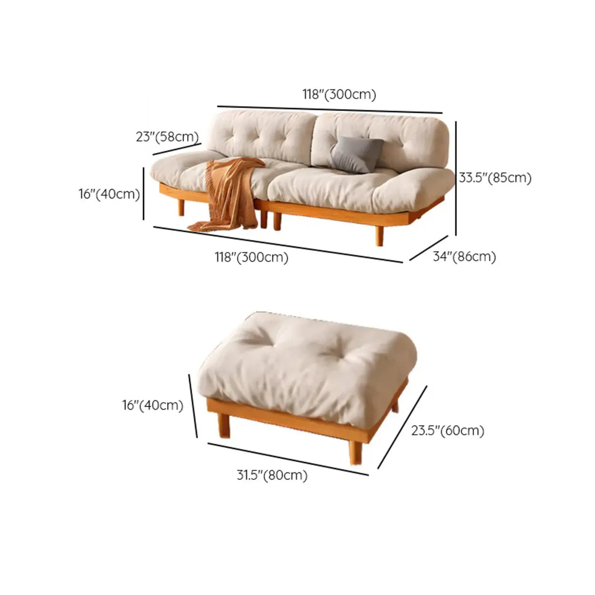 Scandinavian Flannel Light Wood Frame Tufted Back Sofa Image - 27