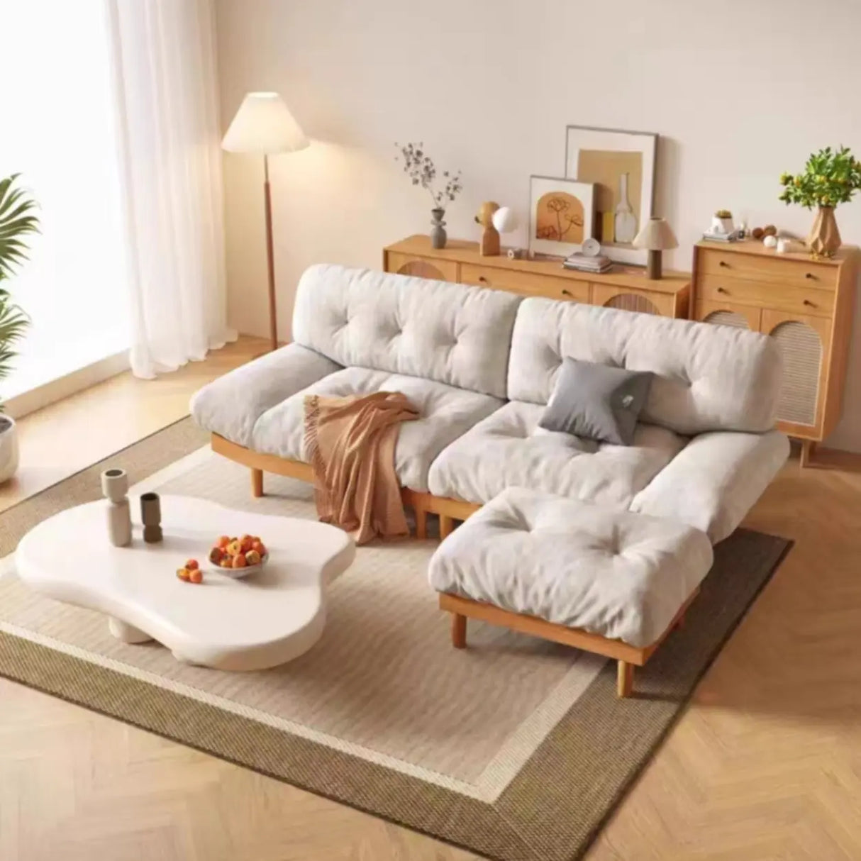 Scandinavian Flannel Light Wood Frame Tufted Back Sofa Image - 4