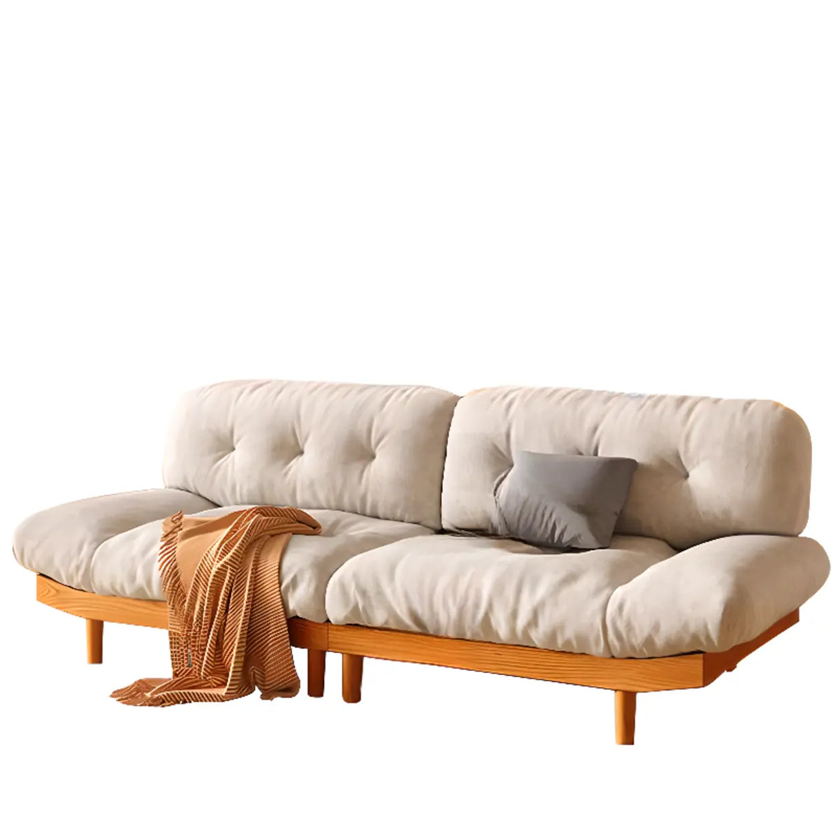 Scandinavian Flannel Light Wood Frame Tufted Back Sofa Image - 5