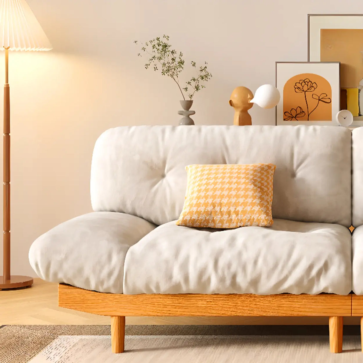 Scandinavian Flannel Light Wood Frame Tufted Back Sofa Image - 6
