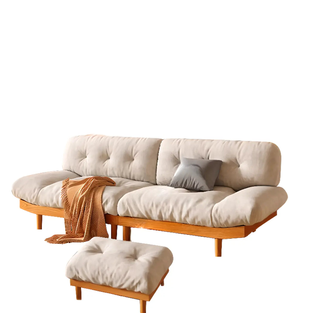 Scandinavian Flannel Light Wood Frame Tufted Back Sofa Image - 7