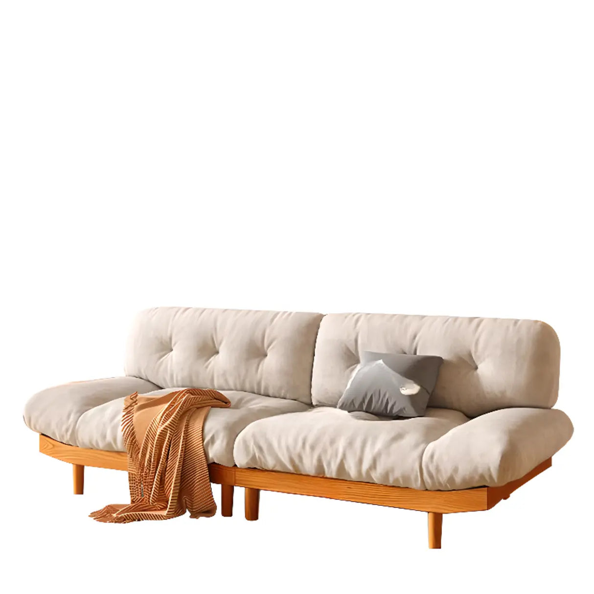 Scandinavian Flannel Light Wood Frame Tufted Back Sofa Image - 9