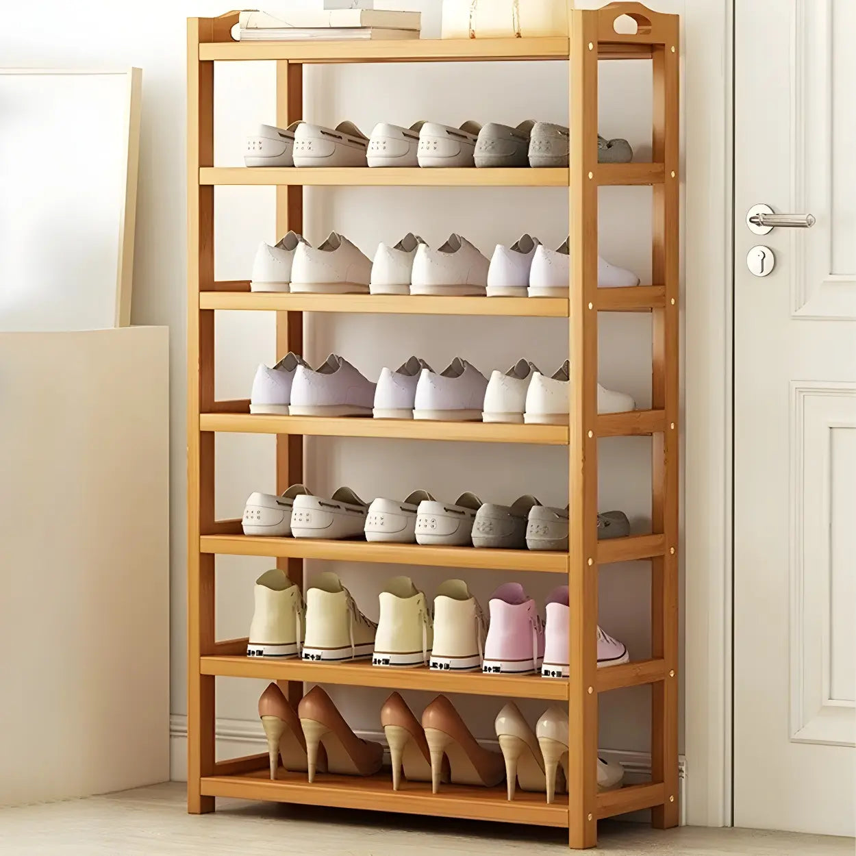 Scandinavian Free Standing Natural Bamboo Floor Shoe Rack Image - 2